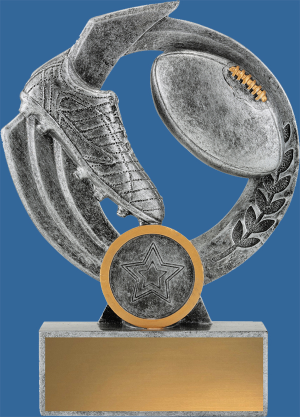 Aussie Rules Trophies Falcon series features a stylish wreath on circular backdrop. The colours are a combination of antique silver and bronze tone.