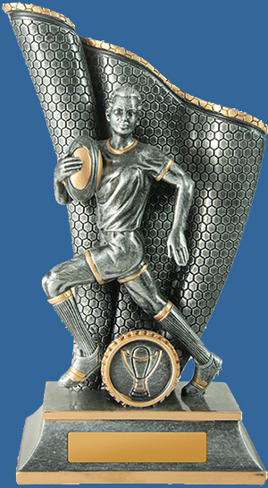 The Wave Series Rugby trophy is a solid, antique silver resin. Both male and female are available in the the distinctive ball at chest running action.