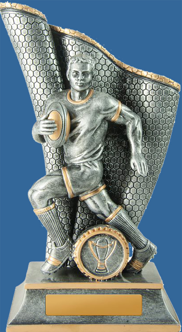 The Wave Series Rugby trophy is a solid, antique silver resin. Both male and female are available in the the distinctive ball at chest running action.
