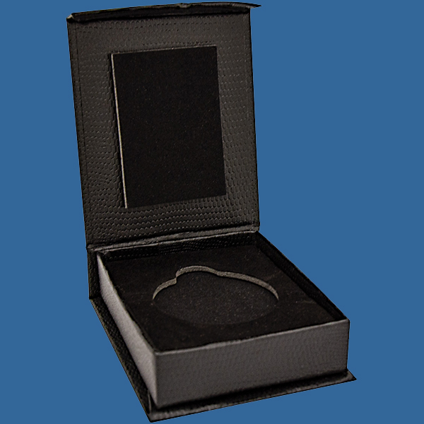 H21t Flip-Top Medal Box - black leather type texture finish - Fits 50mm Medals