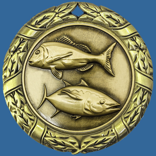 MW70+MM03Gt Wreath Medal with Antique Gold Fishing Insert - 70mm