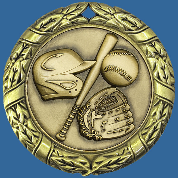 MW70+MM33Gt Wreath Medal with Antique Gold Baseball Insert - 70mm