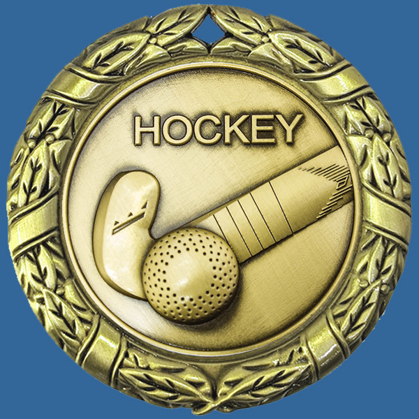 MW70+MM44Gt Wreath Medal with Antique Gold Hockey Insert - 70mm