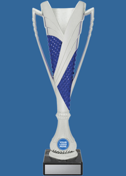 2843t+Mk Silver Blue Javelin Plastic Cup on Marble Base